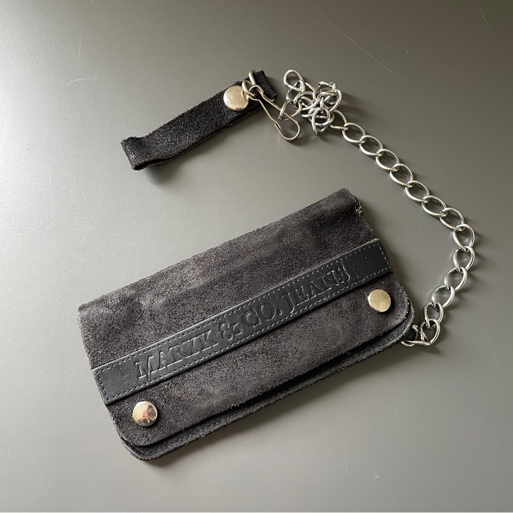 Vintage Black Suede Biker Bifold Chain Wallet Moto Grunge Rock MARYK & CO JEANS